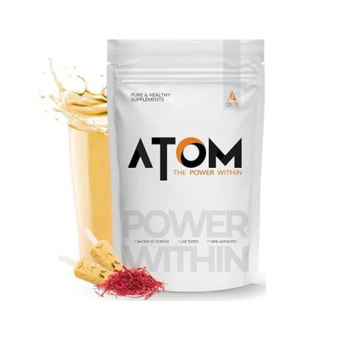 ATOM supplement package with a glass of liquid and red powder on a white background