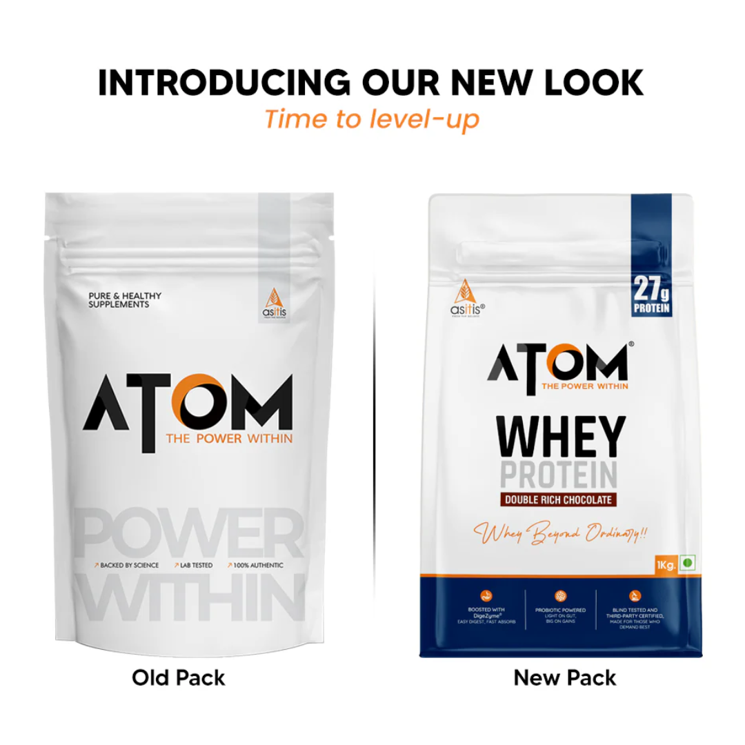 Comparison of Atom supplement packages, old and new design, on a white background.