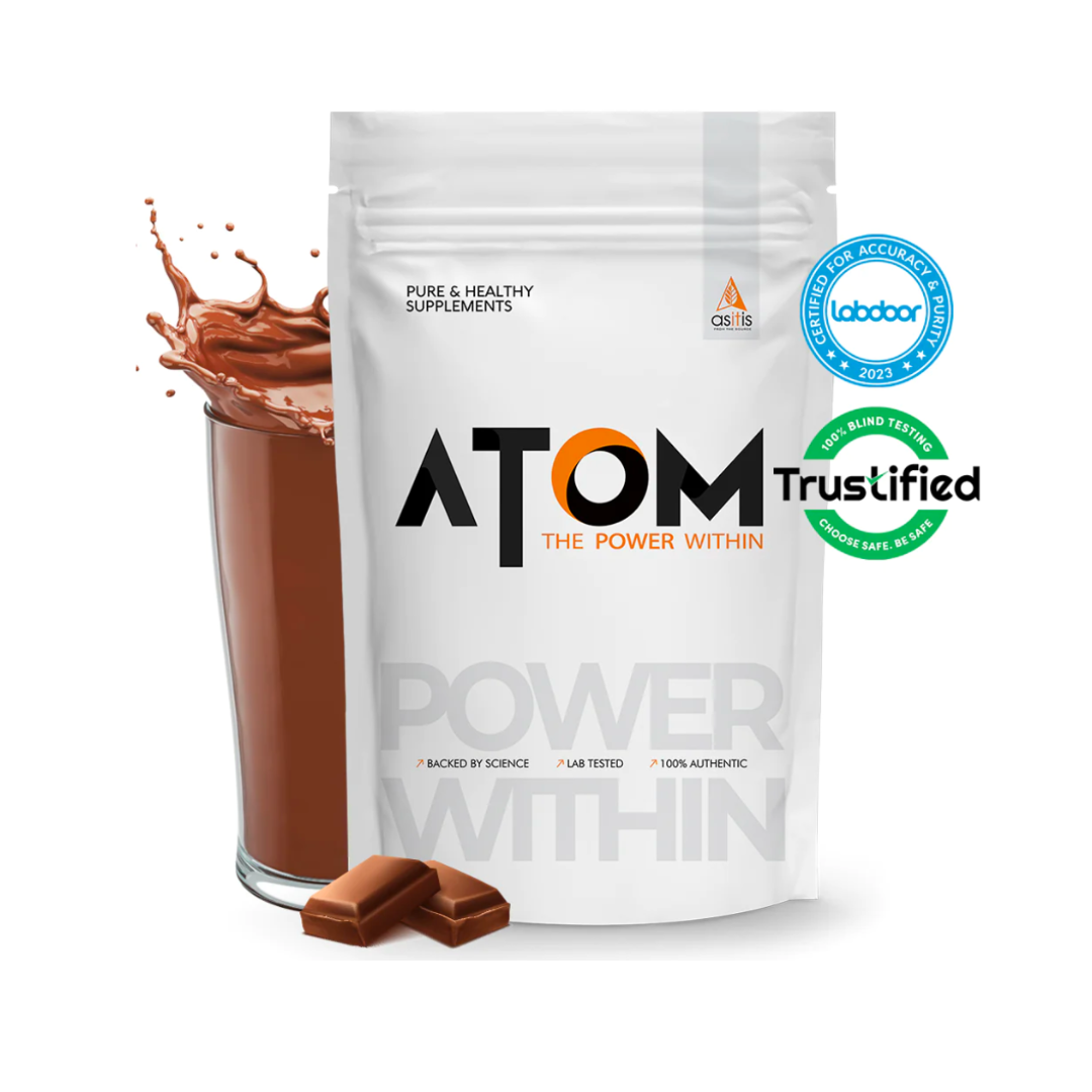 ATOM supplement package with a glass of chocolate shake and two chocolate bars on a white background