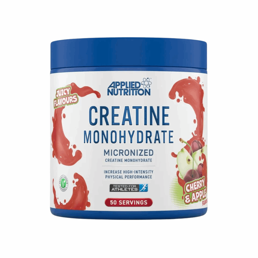 Applied Nutrition Creatine Monohydrate supplement container with cherry and apple flavor on a white background