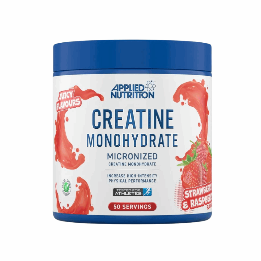 Applied Nutrition Creatine Monohydrate supplement container with strawberry and raspberry flavor on a white background