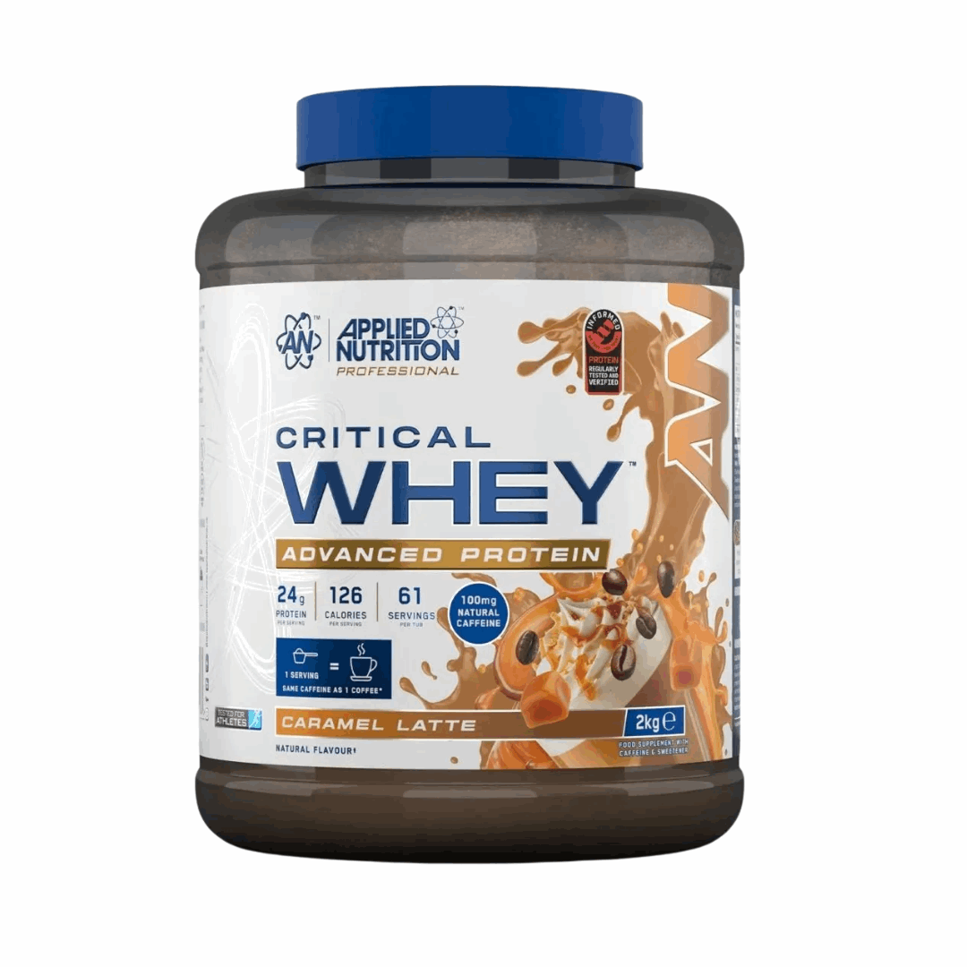 Applied Nutrition Critical Whey protein powder container with caramel latte flavor on a white background