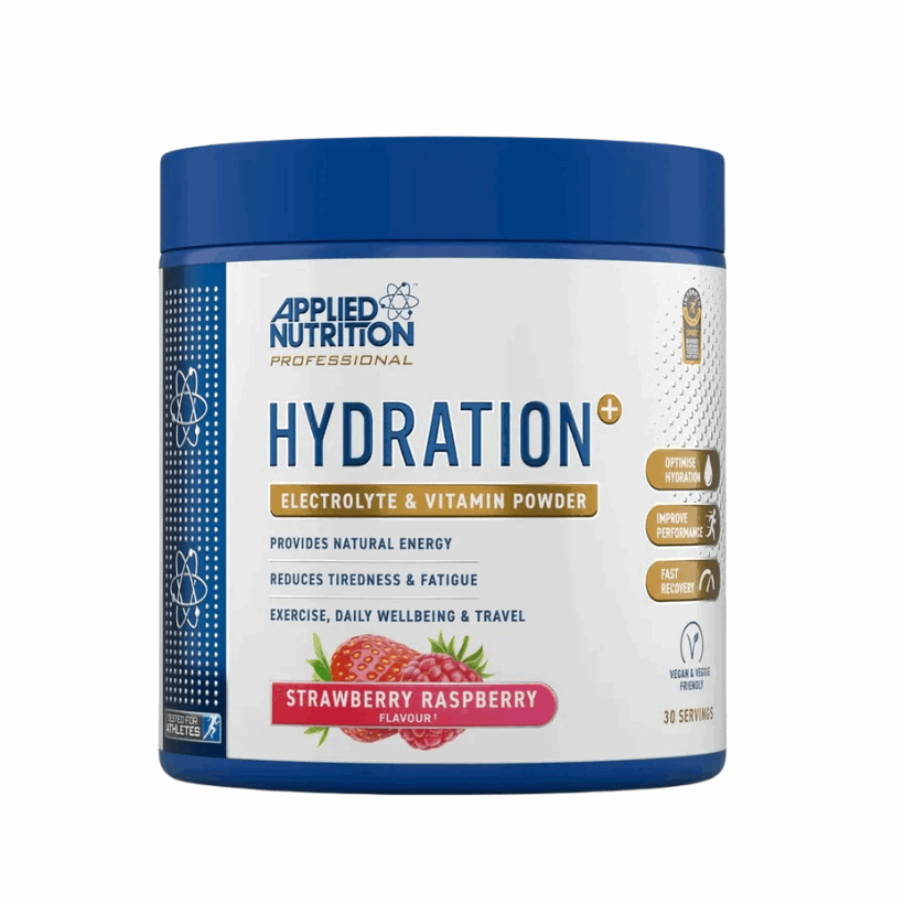 Applied Nutrition Hydration+ electrolyte and vitamin powder container with blue lid on a white background
