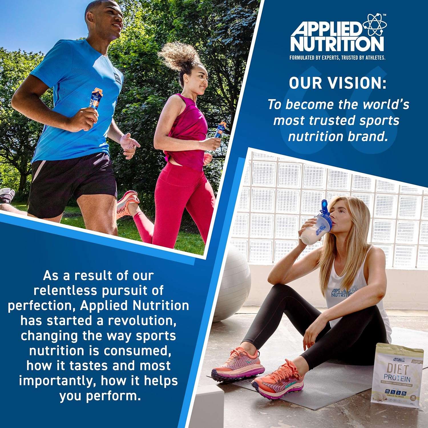 Applied Nutrition advertisement with people exercising outdoors and indoors, featuring the brand's vision and mission.