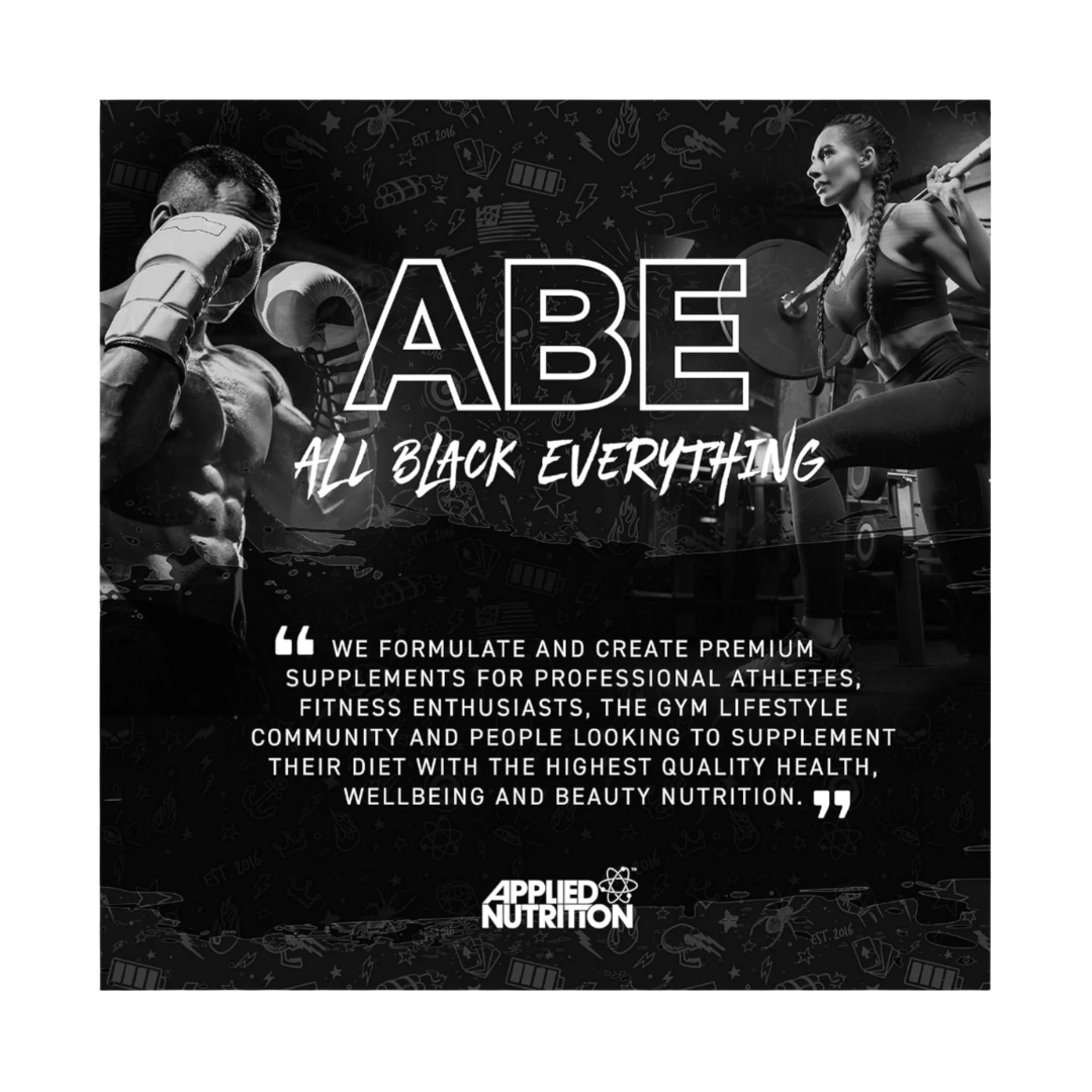 Advertisement for ABE All Black Everything with Applied Nutrition branding and text about supplement formulations.