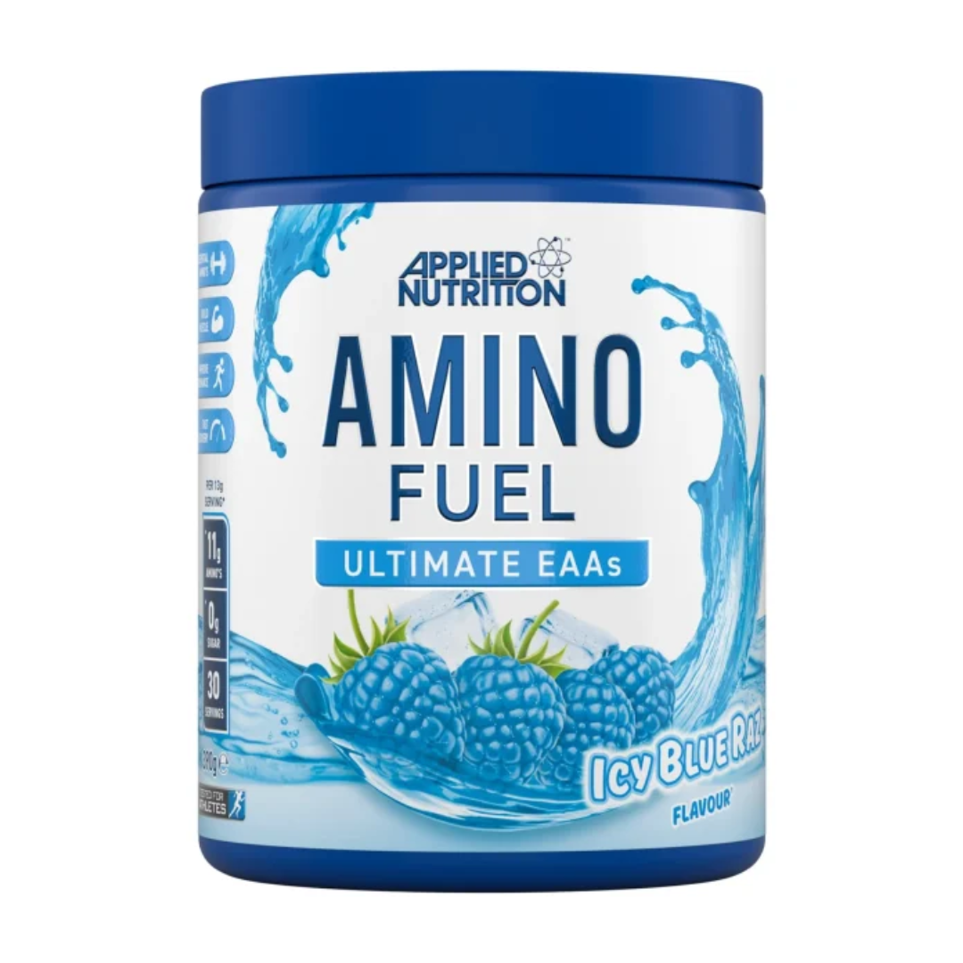 Applied Nutrition Amino Fuel supplement container with blue lid and label on a white background