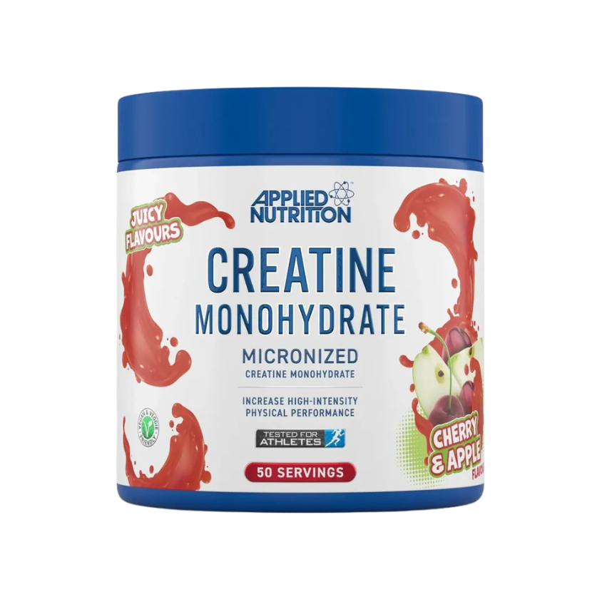 Applied Nutrition Creatine Monohydrate supplement container with cherry and apple flavor on a white background