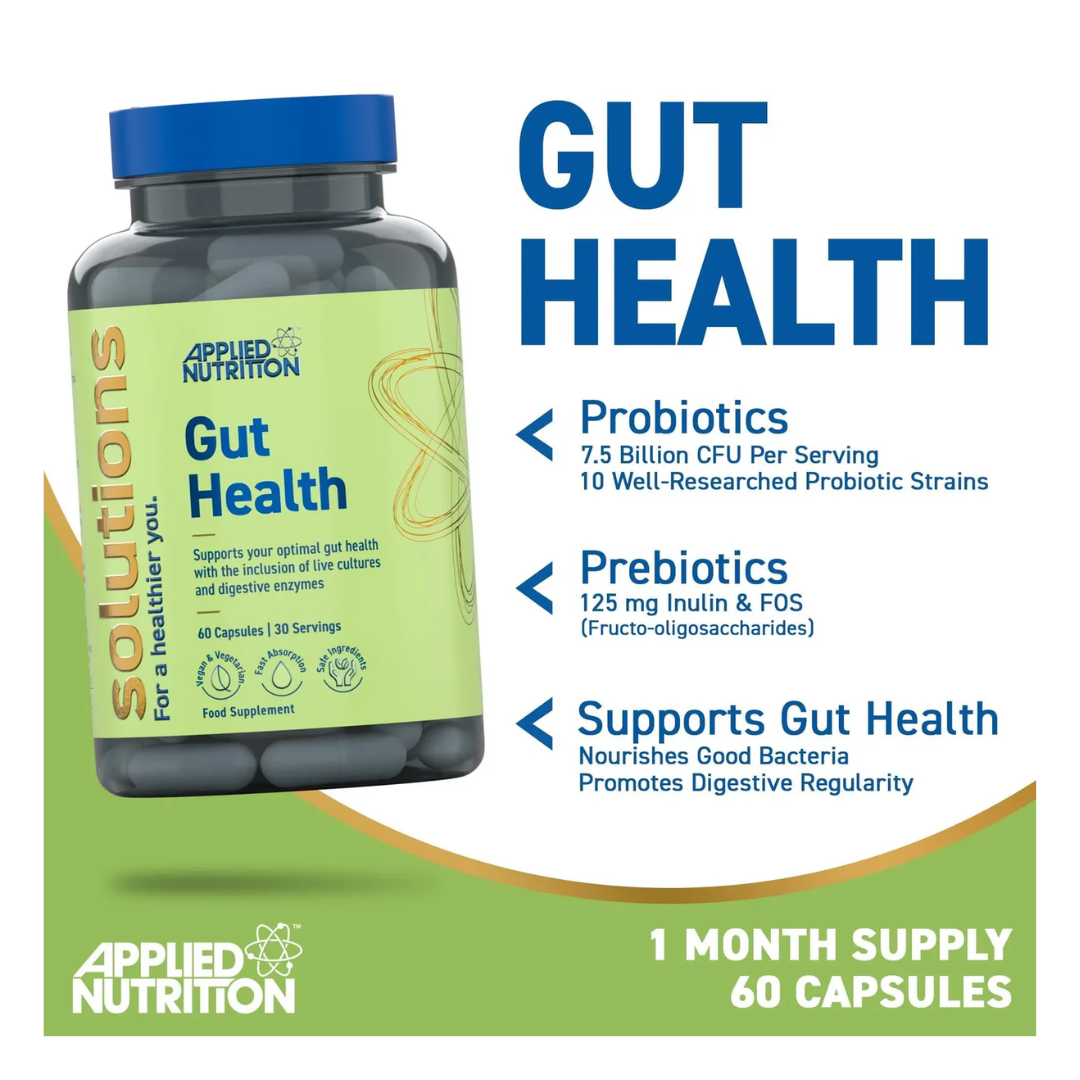 Bottle of Applied Nutrition Gut Health supplement on a white background