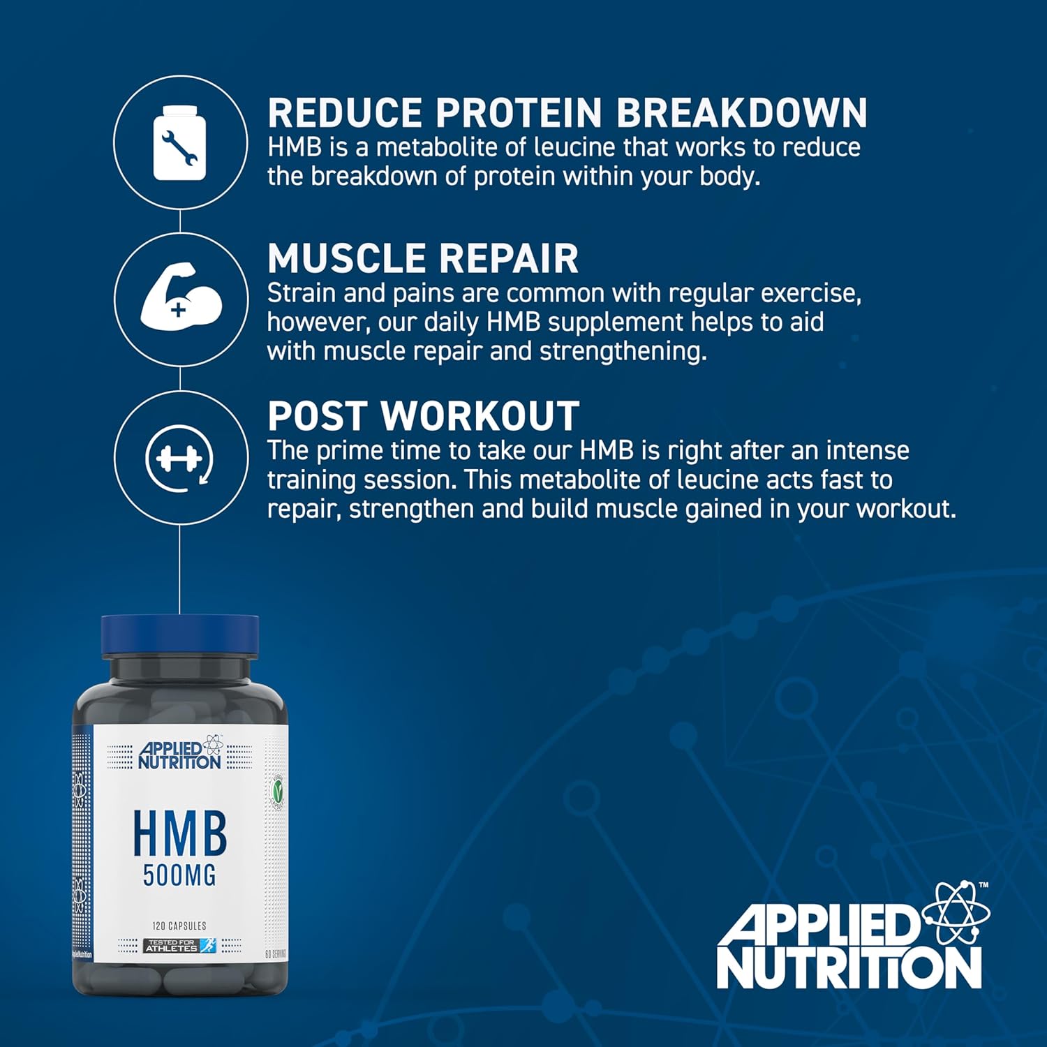 Applied Nutrition HMB 500MG supplement bottle on a white background