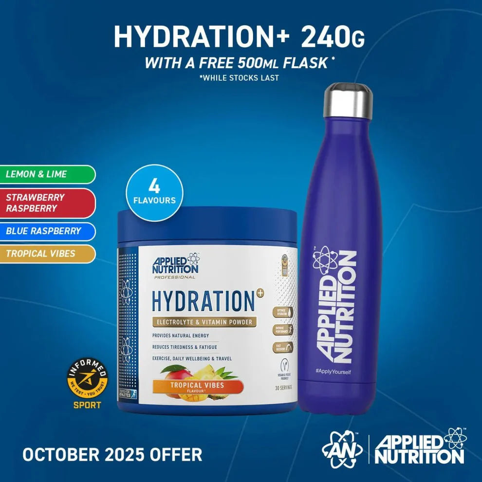 Applied Nutrition Hydration+ supplement container with a purple water bottle on a blue background
