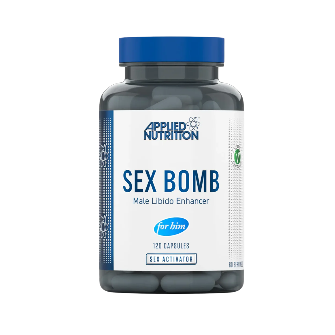 Bottle of Applied Nutrition Sex Bomb Male Libido Enhancer on a white background