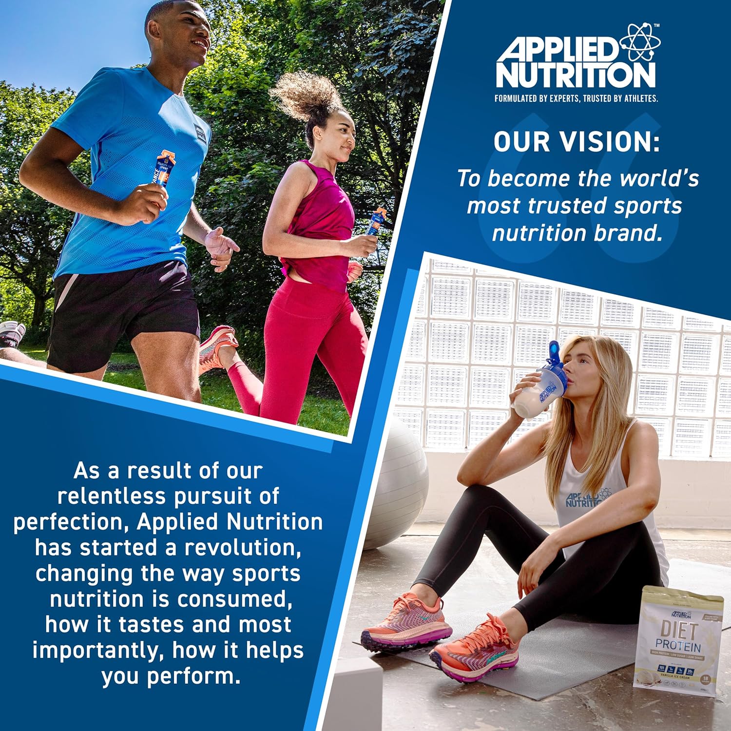 Applied Nutrition advertisement with people exercising outdoors and indoors, featuring the brand's vision and mission.