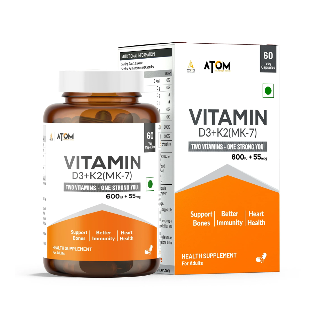 Atom Vitamin D3+K2(MK-7) supplement bottle and packaging on a white background