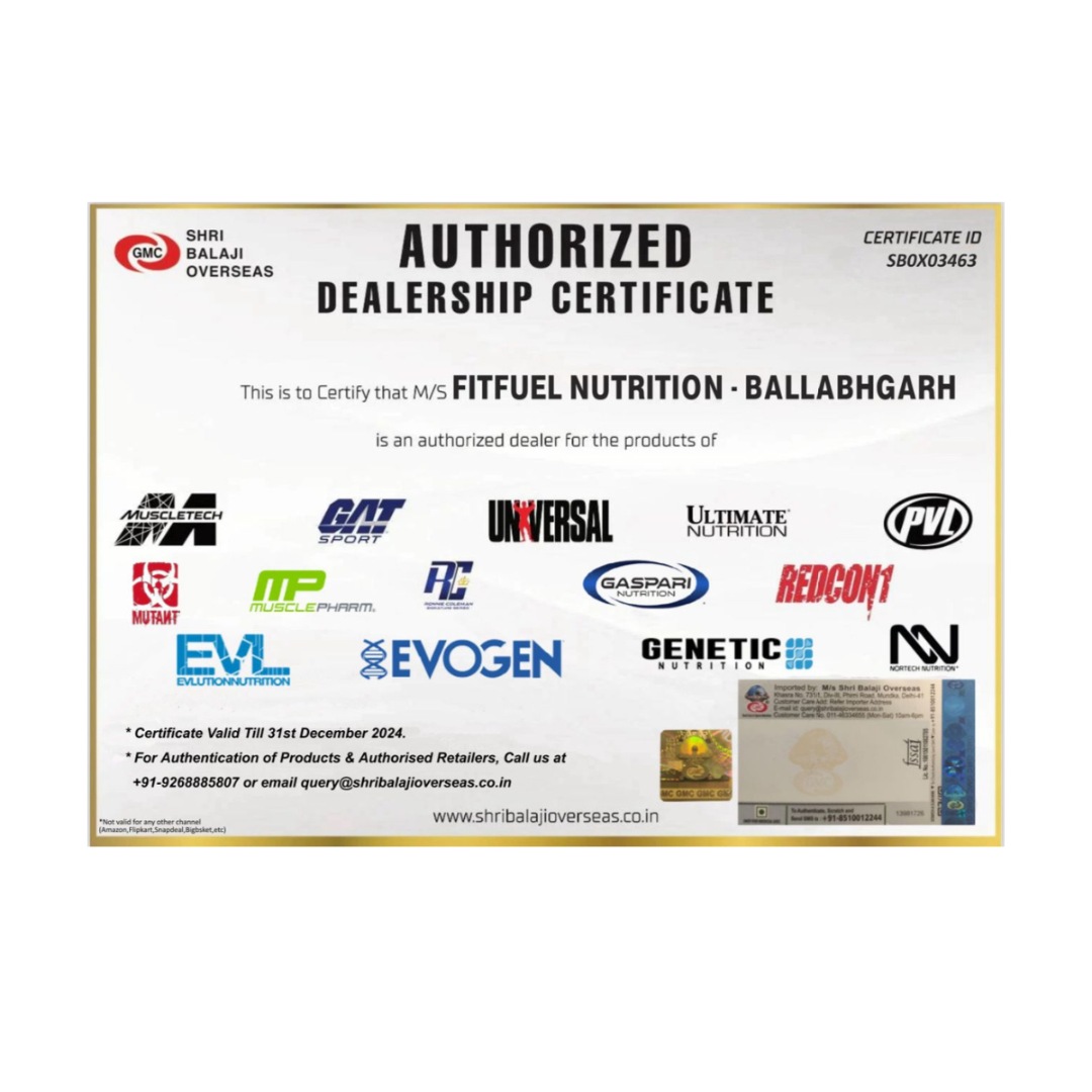 Authorized Dealership Certificate for FitFuel Nutrition with multiple brand logos on a white background