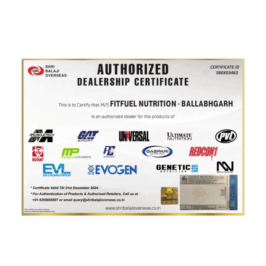 Authorized dealership certificate for FitFuel Nutrition with multiple brand logos on a white background