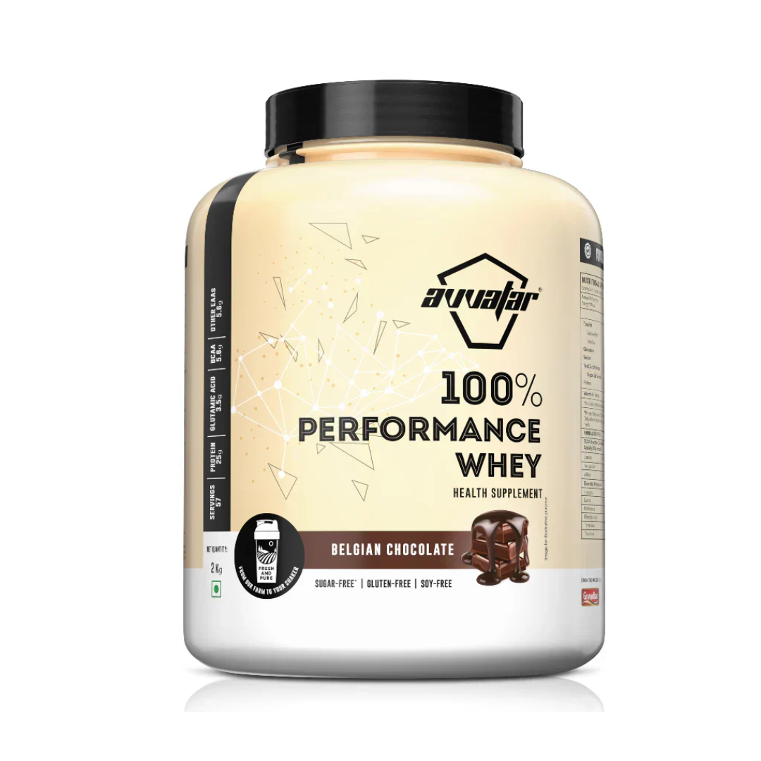 Avvaar 100% Performance Whey protein supplement container on a white background