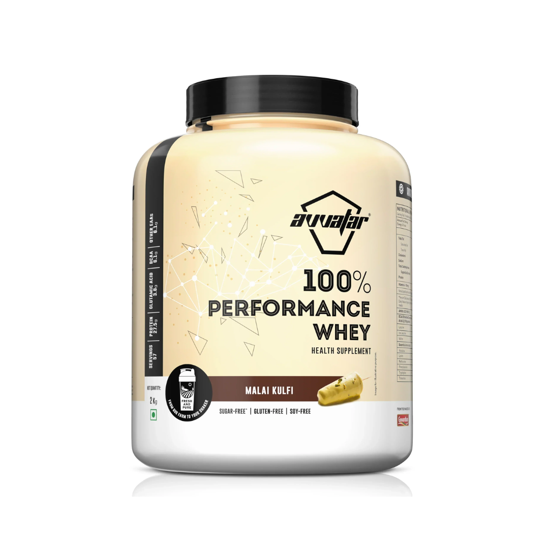 Whey protein supplement container with Avvalar branding on a white background