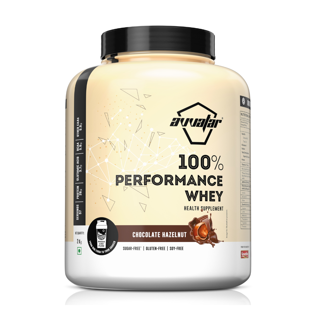 Avvalar 100% Performance Whey protein supplement container on a white background