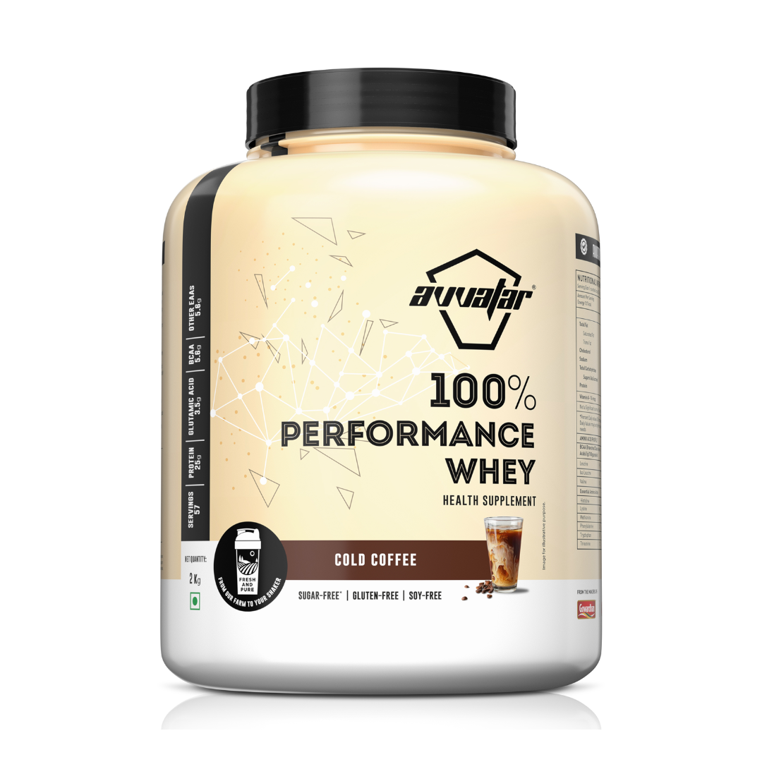 Avvalar 100% Performance Whey protein powder container with cold coffee flavor on a white background
