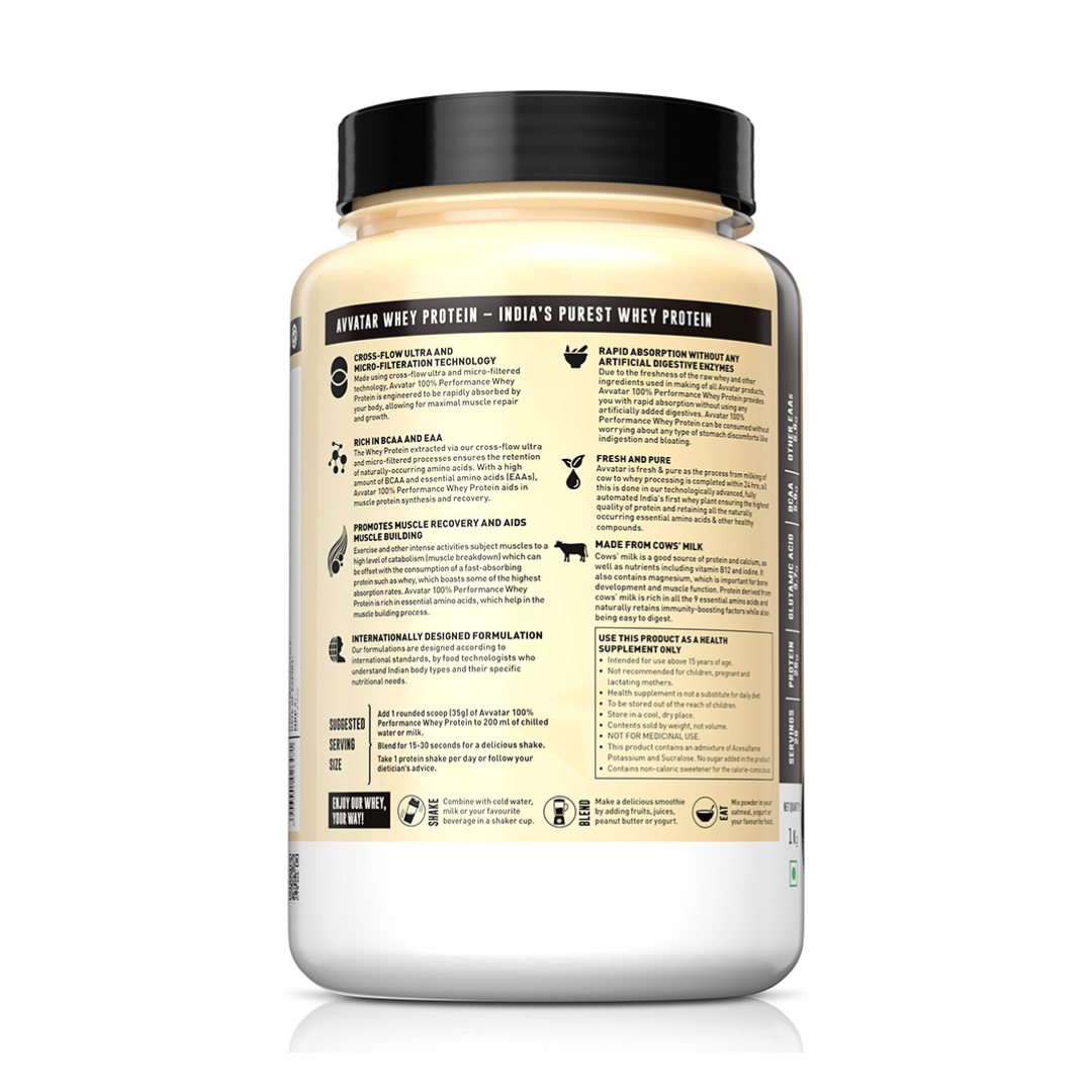 Whey protein container with label on a white background