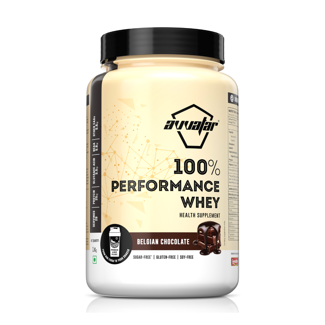 Avvalar 100% Performance Whey protein powder container on a white background
