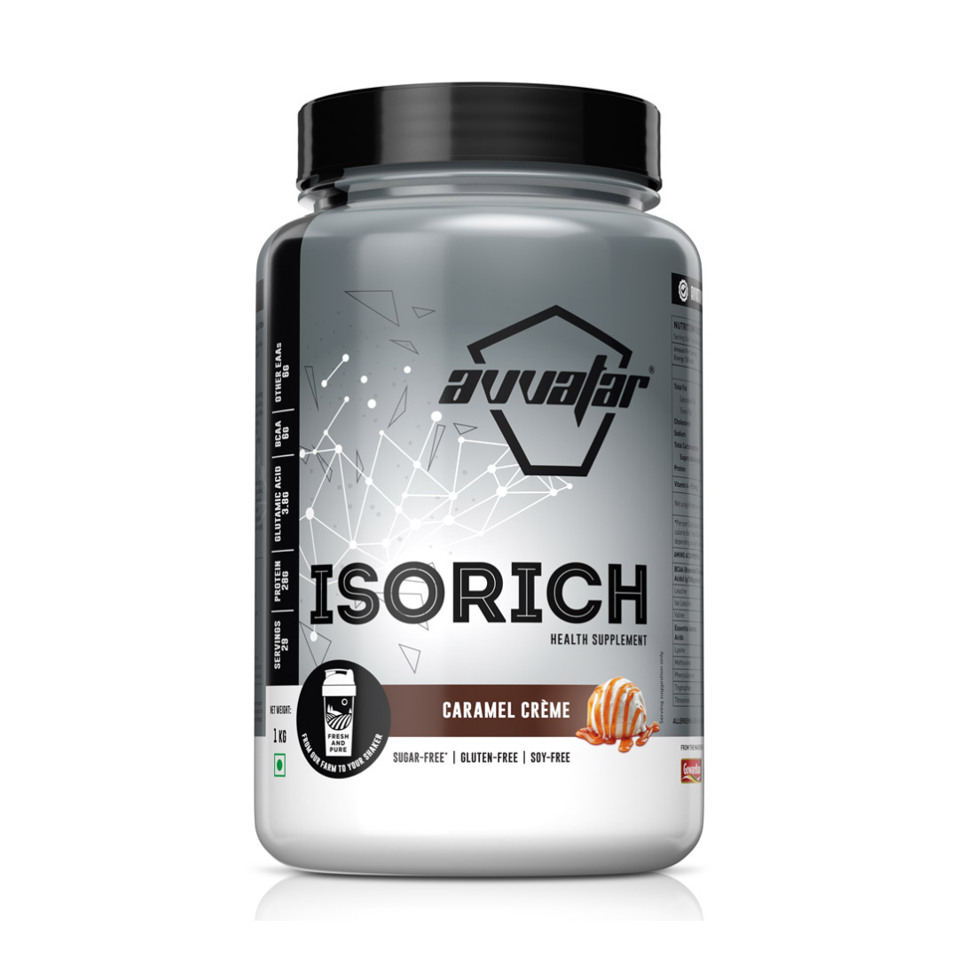 Supplement container labeled 'Isorich' by Avvaatar on a white background