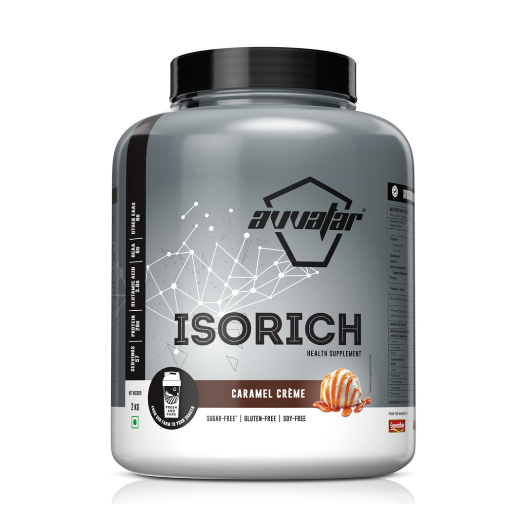 Supplement container labeled 'Avvaafar ISORICH' with caramel crème flavor on a white background