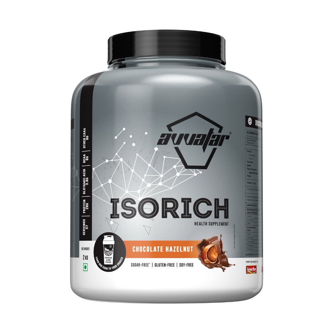 Supplement container labeled 'Avvafar ISORICH' with chocolate hazelnut flavor on a white background