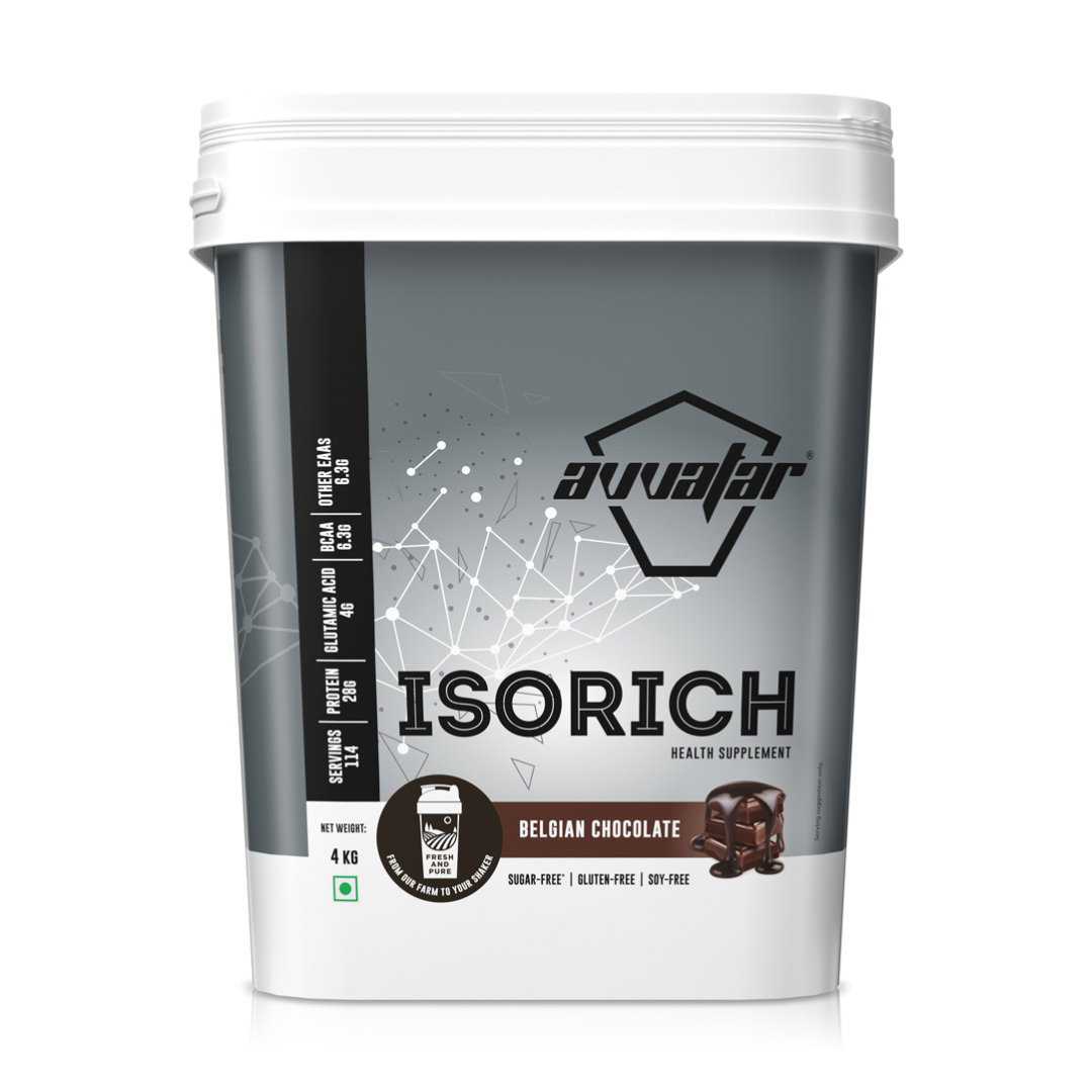 Container of Avvalar Isorich Belgian Chocolate health supplement on a white background