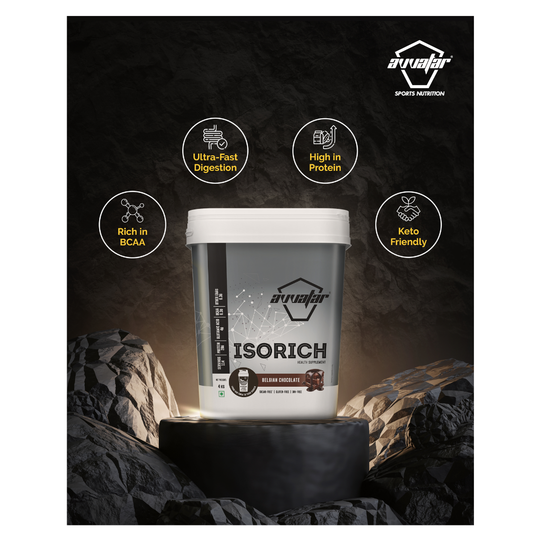 Container of Isorich protein powder with brand logo and product features on a dark background
