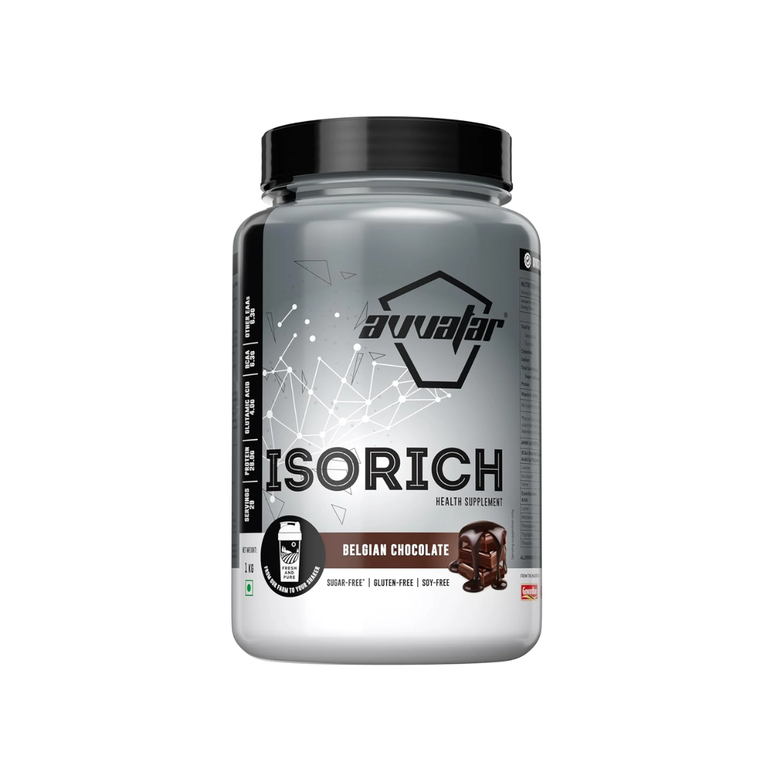 Supplement container labeled 'ISORICH' by 'avvalar' on a white background