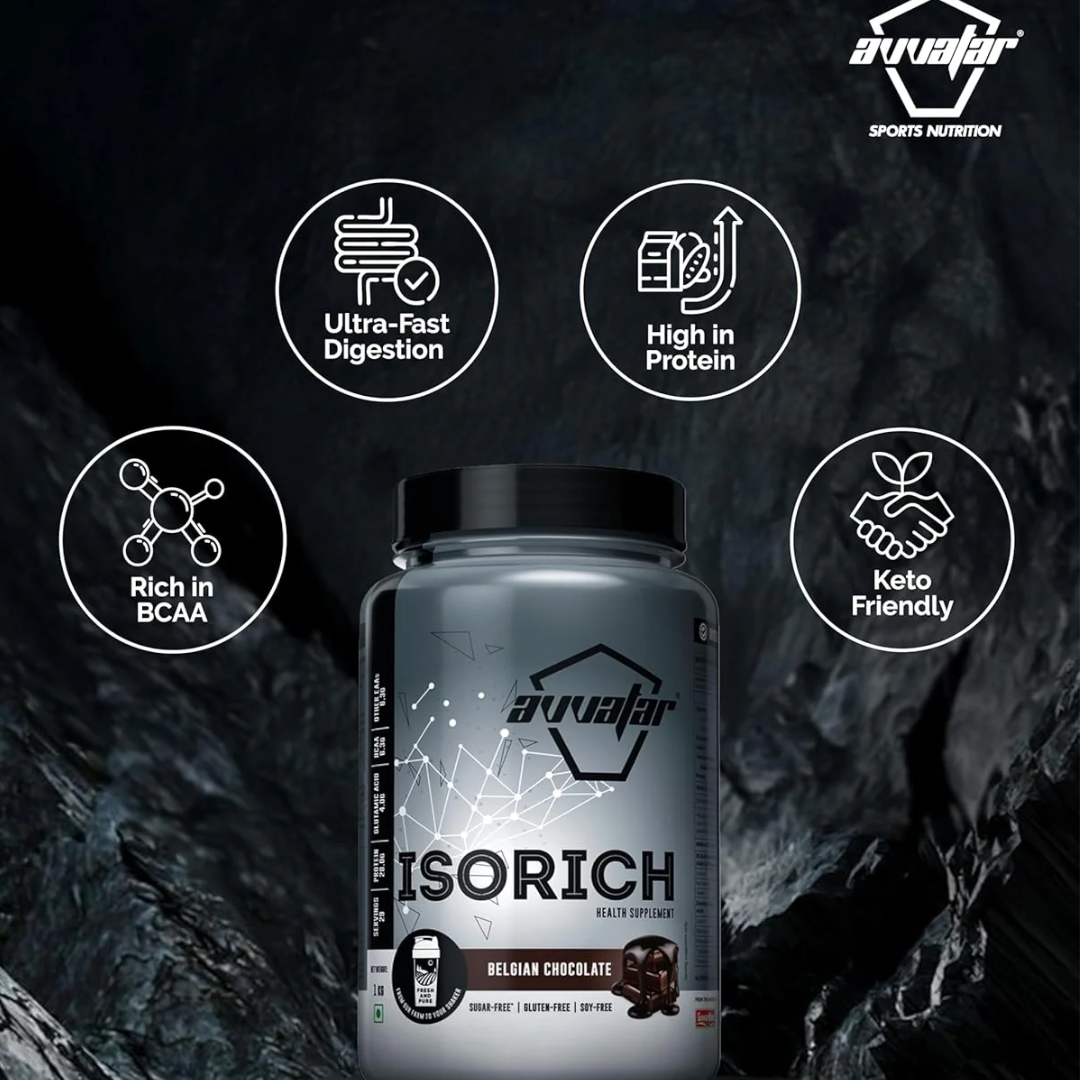 Supplement bottle labeled 'ISORICH' with features on a dark background