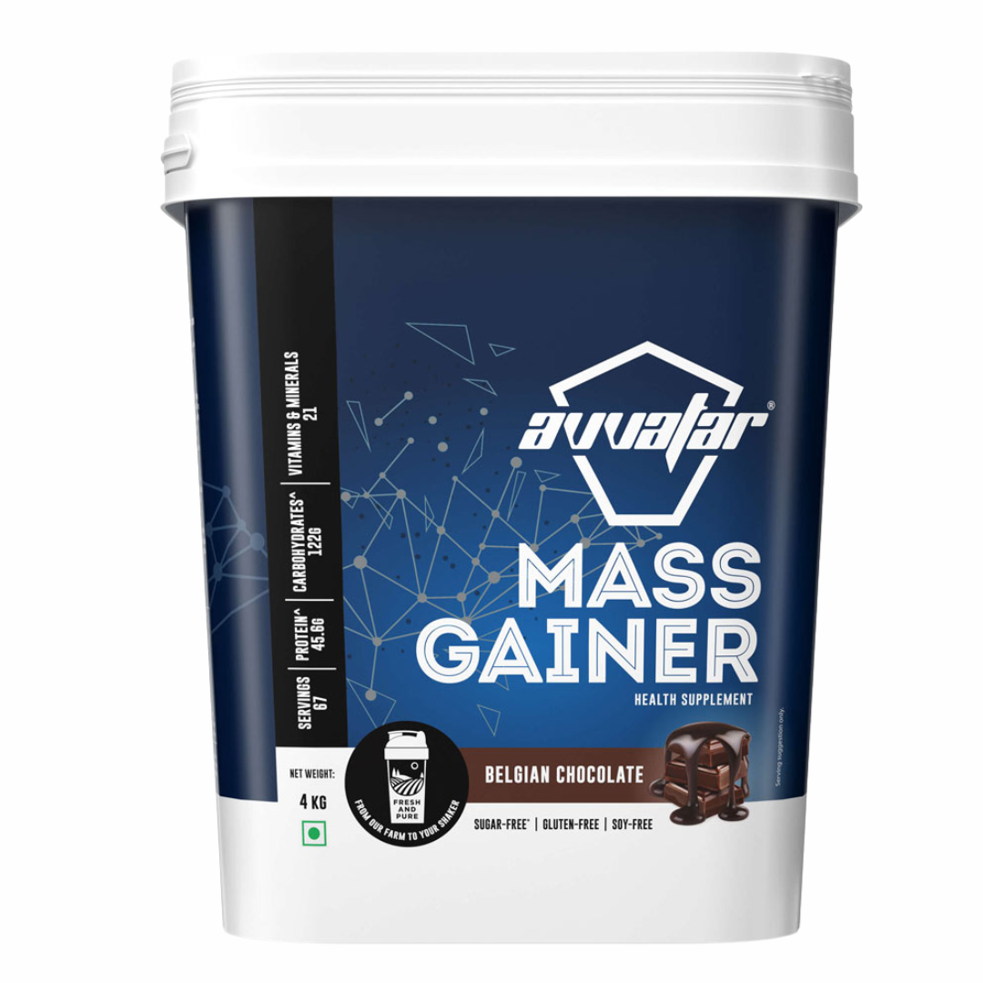Avvaafar Mass Gainer supplement container with blue and white design on a white background