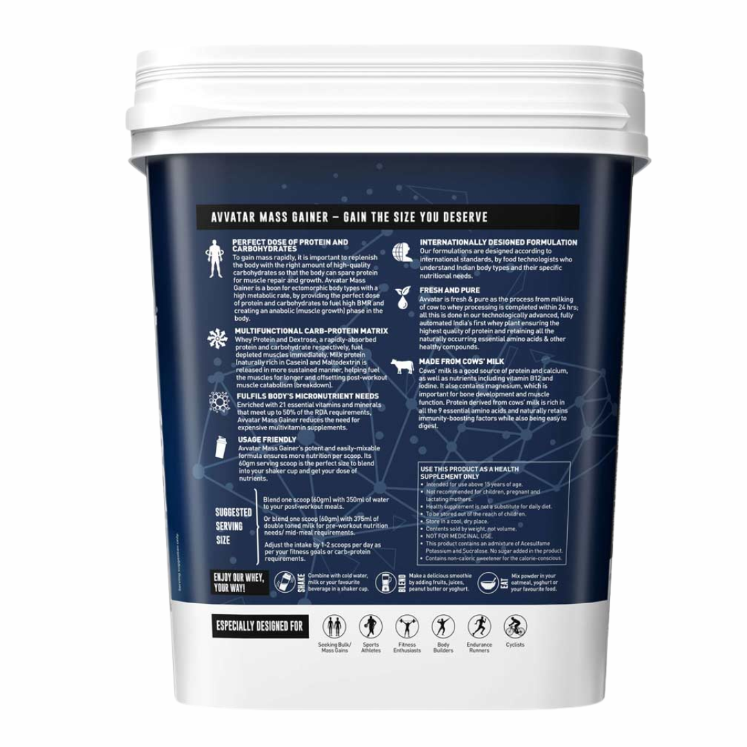 Back label of a protein supplement container with text and icons on a white background