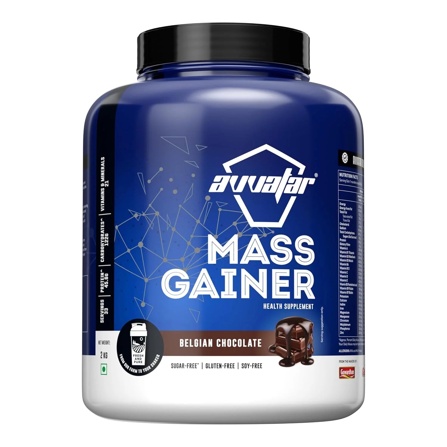 Mass gainer supplement container with blue label and black lid on a white background