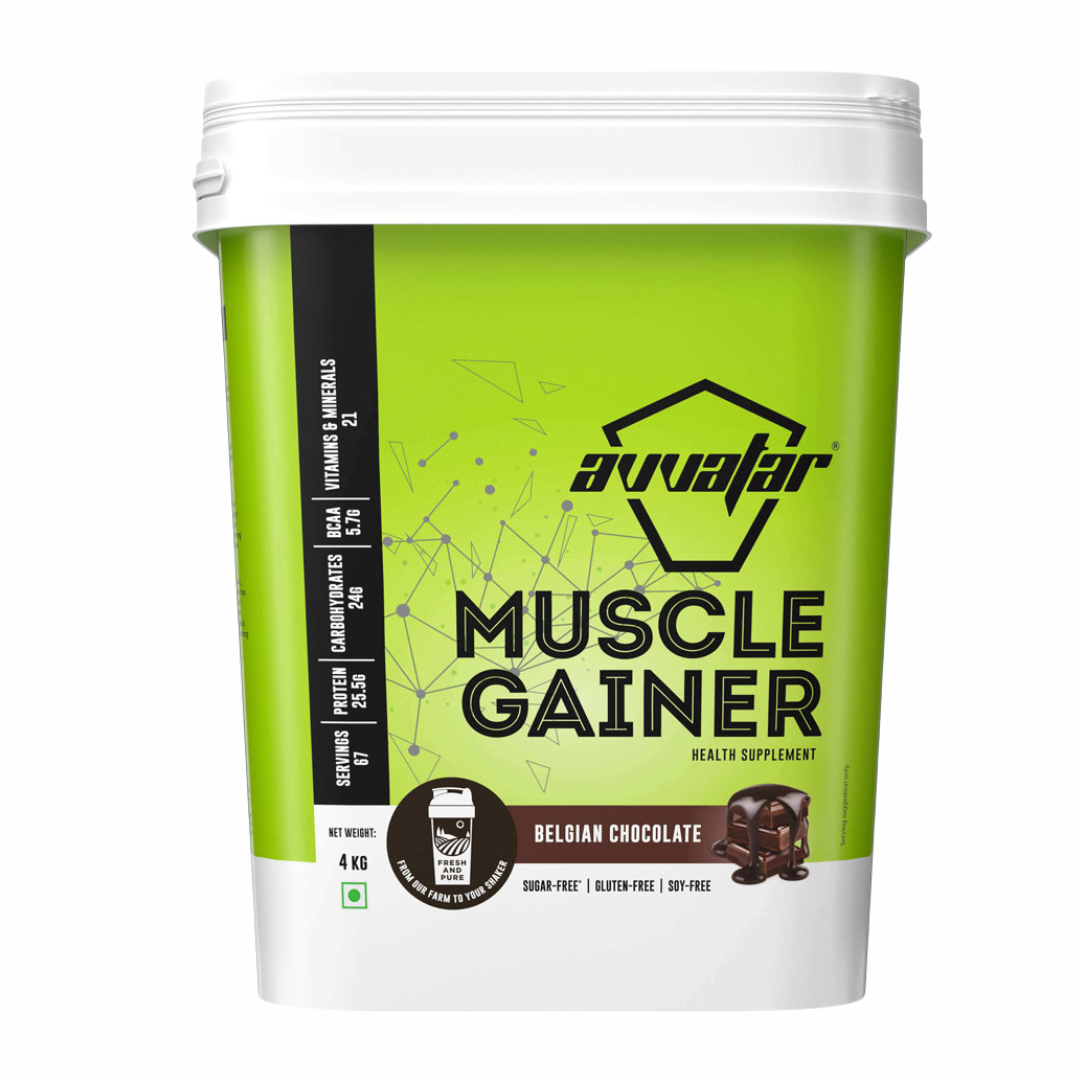 Avvatar Muscle Gainer supplement container with green label on a white background