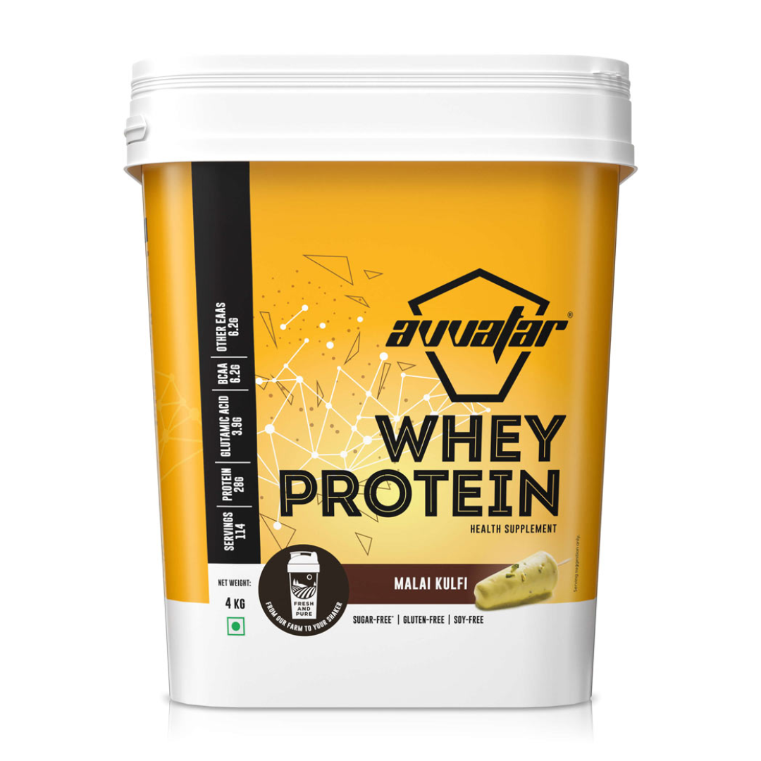 Avvaatar whey protein supplement container with yellow label on a white background