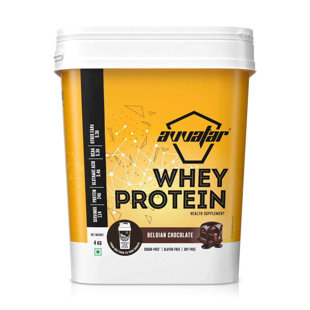 Yellow container of Avvaatar whey protein with white lid on a white background