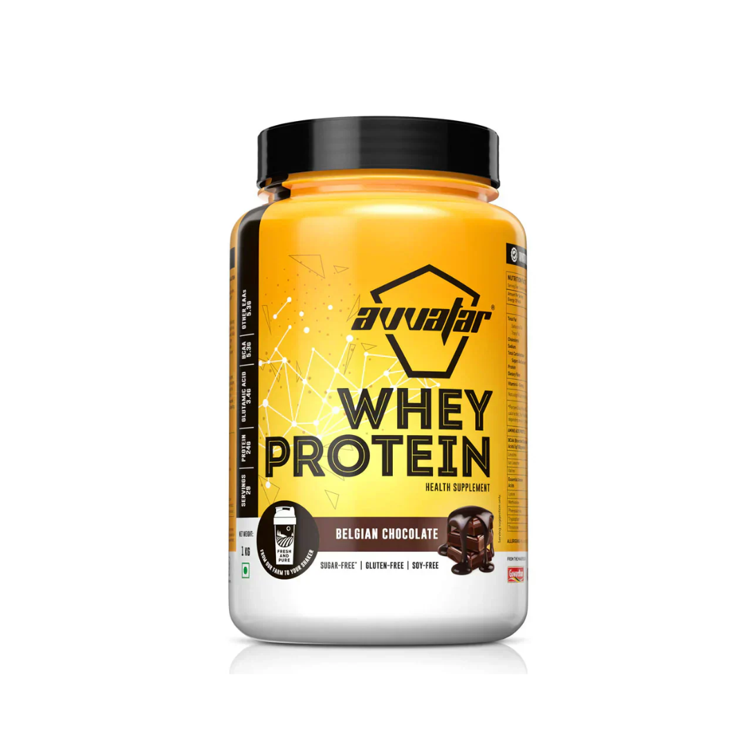 Whey protein supplement container with yellow label and black lid on a white background