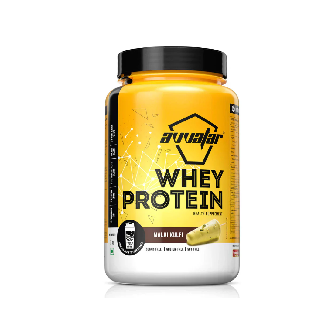 Avvaar Whey Protein container with yellow label on a white background