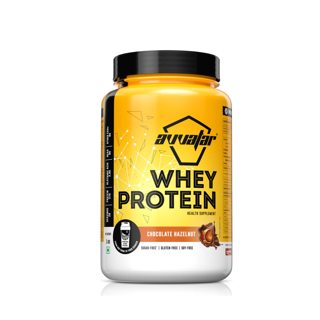 Yellow and white container of Avvalar Whey Protein on a white background