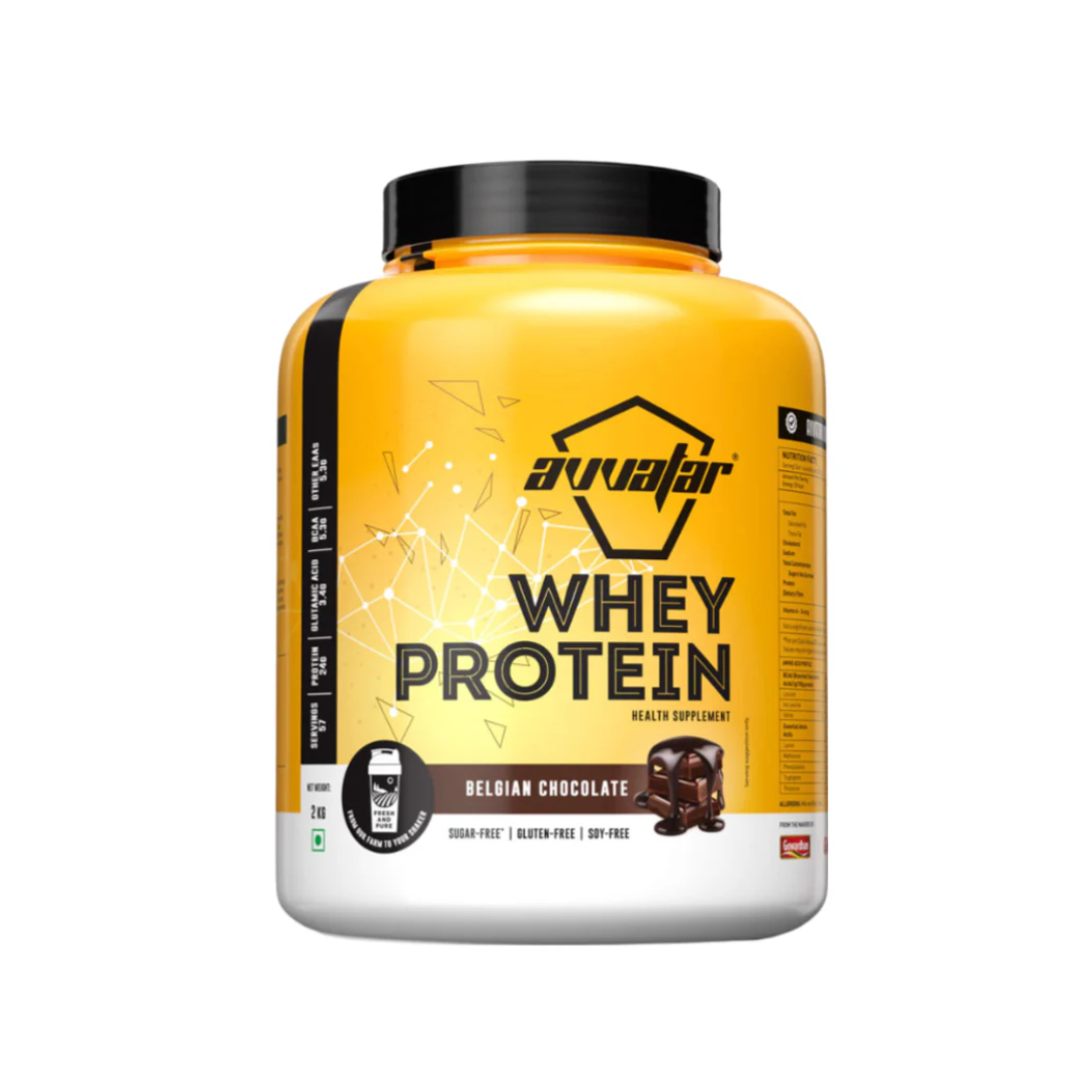 Yellow and black protein supplement container with 'Avvalar' branding on a white background