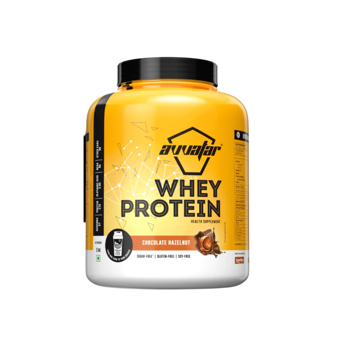 Yellow protein supplement container with black lid on a white background