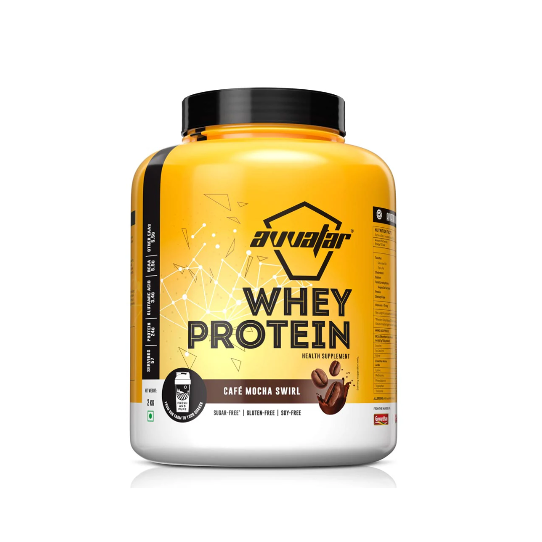 Yellow protein supplement container with black lid on a white background