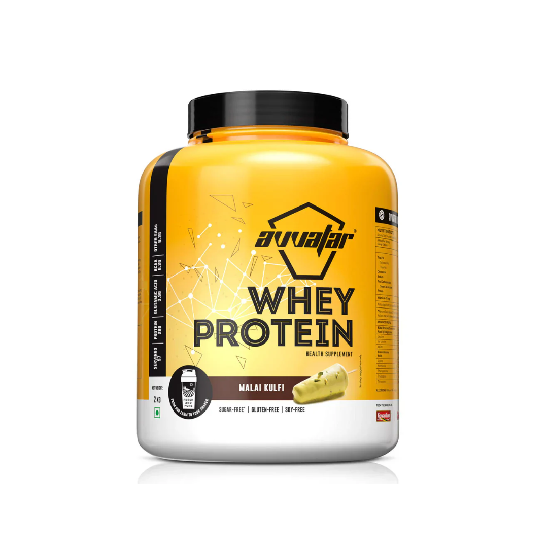 Whey protein supplement container with yellow label on a white background