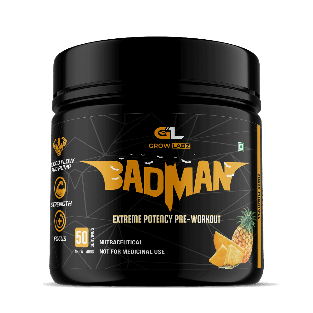 Black container of 'Bad Man' pre-workout supplement with yellow text and pineapple illustration on a white background