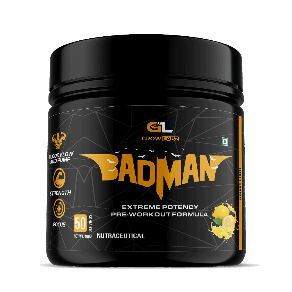 Black pre-workout supplement container labeled 'Bad Man' by Grow Labz on a white background