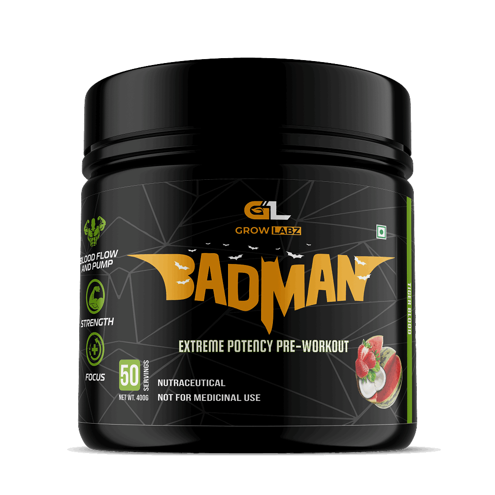 Black container of 'Bad Man' pre-workout supplement with Grow Labz branding on a white background