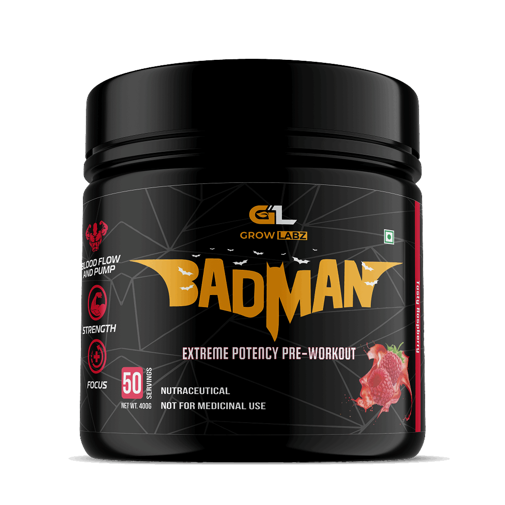 Black container of 'Badman' pre-workout supplement with 'Grow Labz' branding on a white background