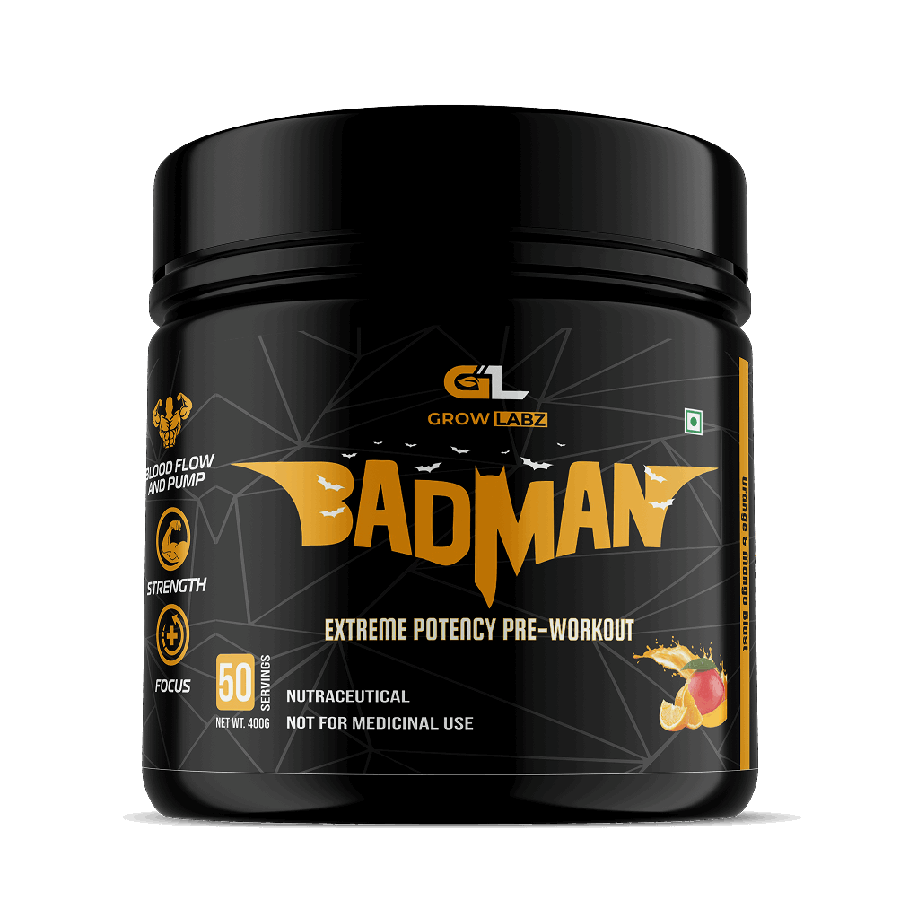Black pre-workout supplement container labeled 'Badman' by Grow Labz on a white background